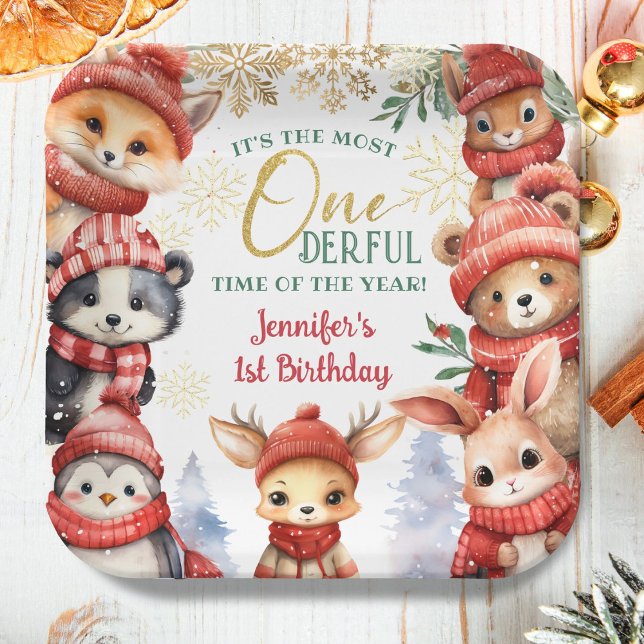 Assiettes En Carton Hiver Onederland Mignonne Animaux d'hiver 1er anni (Créateur téléchargé)