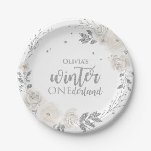 Assiettes En Carton Hiver Onederland Parties scintillant d'argent Plat