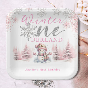 Assiettes En Carton Hiver Onederland Pink Silver Parties scintillant 1