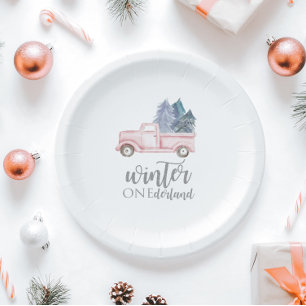 Assiettes En Carton Hiver Onederland Premier Anniversaire camion rose