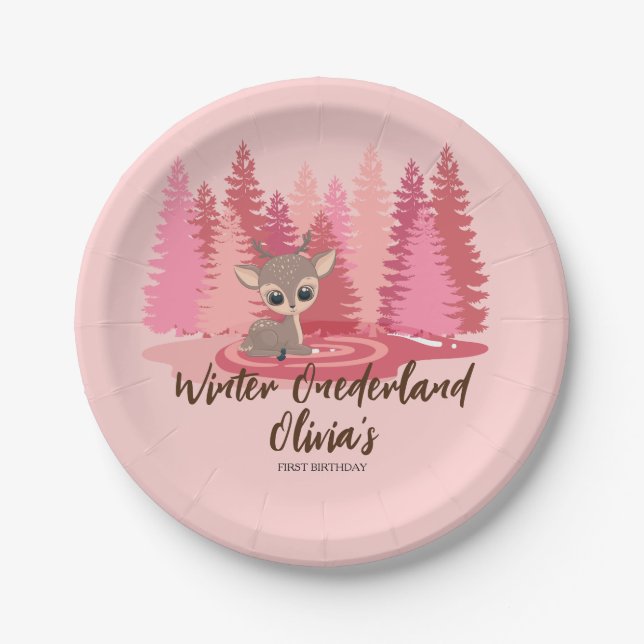 Assiettes En Carton Hiver Onederland Premier anniversaire Deer Pink Fo (Devant)