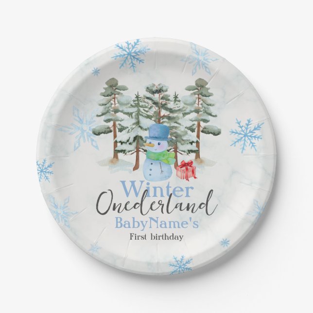 Assiettes En Carton Hiver Onederland Premier anniversaire mignon snowm (Devant)