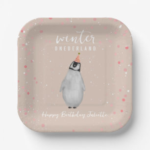 Assiettes En Carton Hiver Onederland rose Anniversaire Penguin Anniver