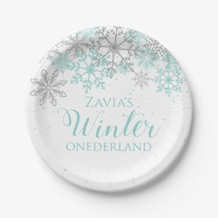 Assiettes En Carton Hiver Onederland Turquoise Argent Première plaque