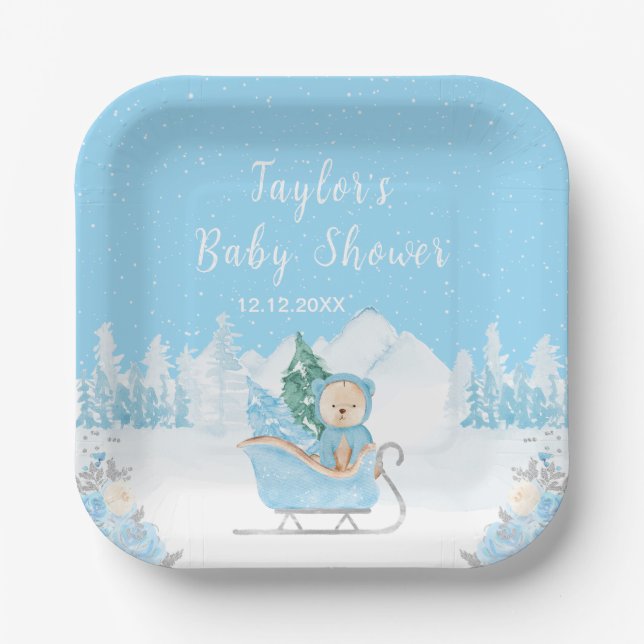 Assiettes En Carton Hiver Ours Bleu Baby shower couleigh (Recto)