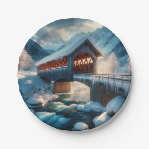 Assiettes En Carton Hiver, pont enneigé et rivière