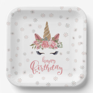 Assiettes En Carton Hiver Unicorne rose Joyeux anniversaire