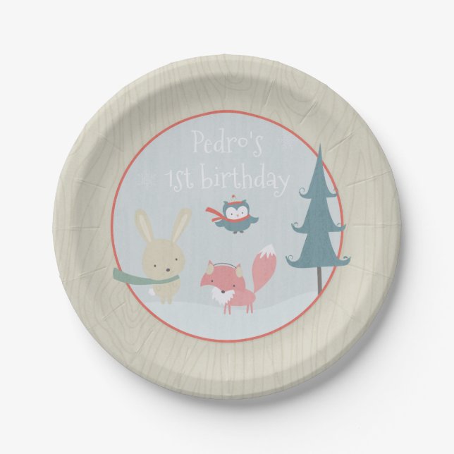 Assiettes En Carton Hiver Woodland First Birthday Forest Animals Boys (Devant)
