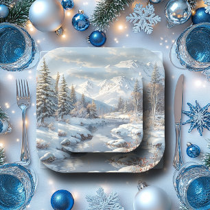 Assiettes En Carton Hivernal Pine Tree Forest Mountains
