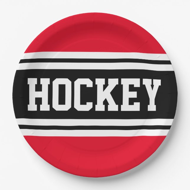 Assiettes En Carton HOCKEY Bright Red Black White Racing Stripes (Devant)