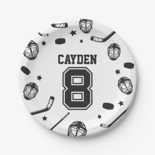 Assiettes En Carton Hockey noir et blanc 8e anniversaire