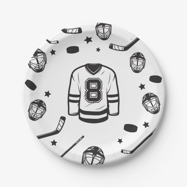 Assiettes En Carton Hockey noir et blanc 8e anniversaire (Devant)