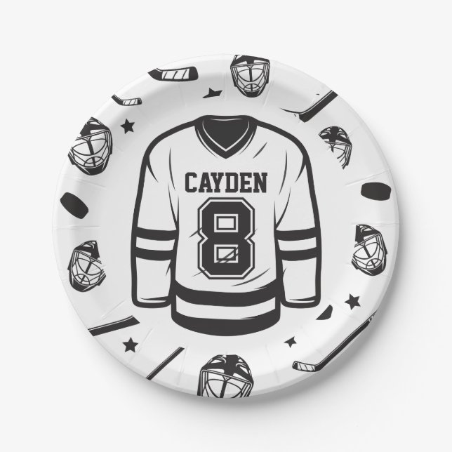 Assiettes En Carton Hockey noir et blanc 8e anniversaire (Devant)