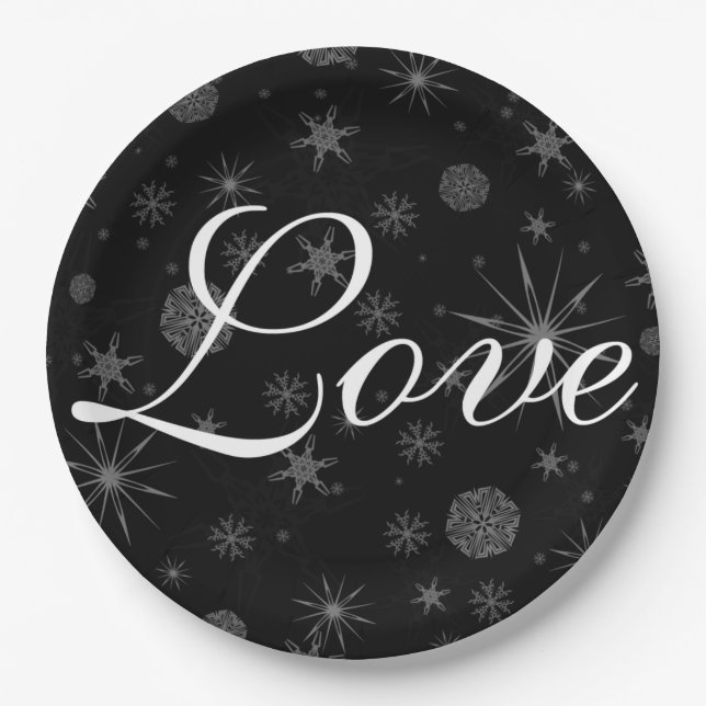 Assiettes En Carton Holiday Love Black White Snowflakes Mariage d'hive (Devant)