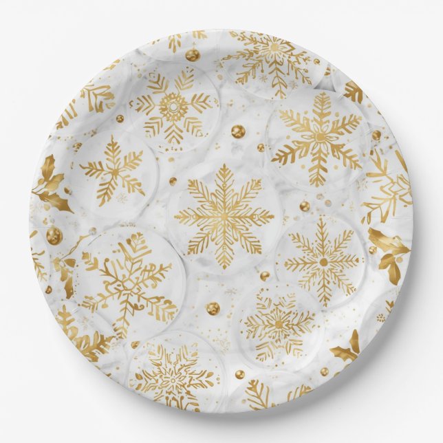 Assiettes En Carton Holiday paper plate in gold and white (Devant)