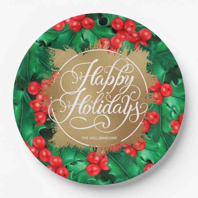 Assiettes En Carton Holly Berries Gold Faux Foil Holiday (Devant)