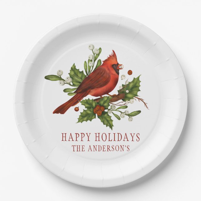Assiettes En Carton Holly Berry Cardinal Holiday Monogram Mistletoe (Devant)