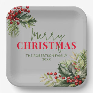 Assiettes En Carton Holly et Pine sur Grey Christmas Party
