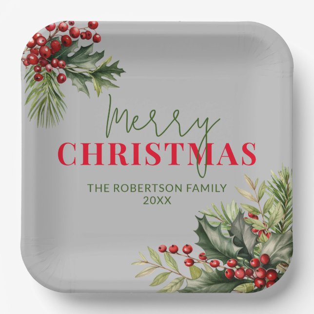 Assiettes En Carton Holly et Pine sur Grey Christmas Party (Recto)