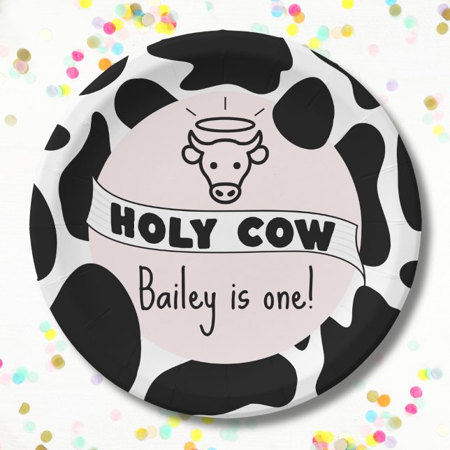 Assiettes En Carton Holy Cow Kid Anniversaire Fête Vache Imprimer mign (Holy cow birthday plate with custom name and age cow print pink bday party plate)