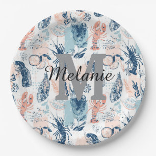 Assiettes En Carton Homard de mer côtier bleu pêche nautique