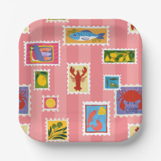 Assiettes En Carton homard sardine citron seafood timbre collage rayur