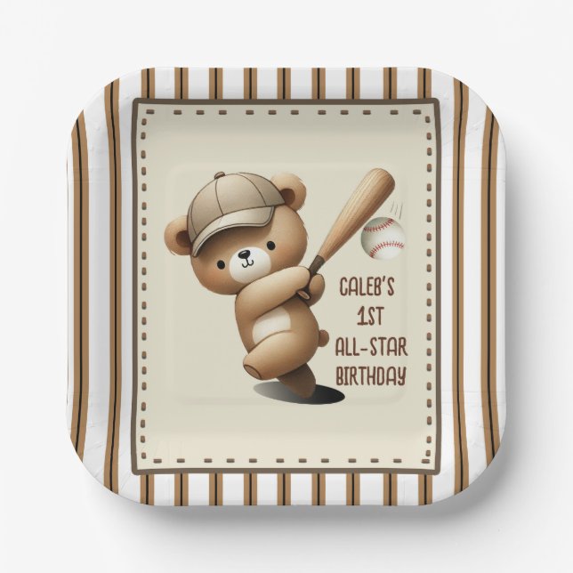 Assiettes En Carton Homerun Hitter Stripe Bear 1er anniversaire (Recto)