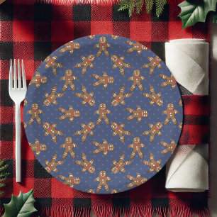 Assiettes En Carton Homme en pain d'épices à pois bleu marine Noël