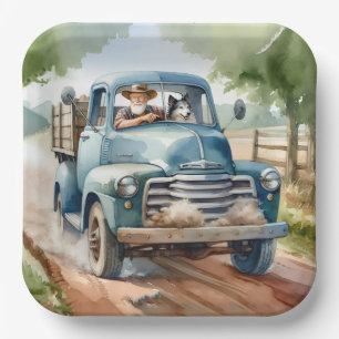 Assiettes En Carton Homme et chien dans le vieux camion bleu