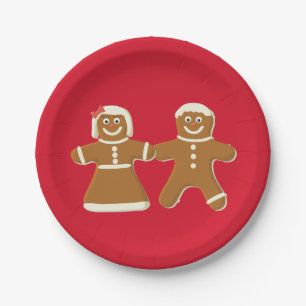 Assiettes En Carton Homme et femme en pain d'épice sur rouge