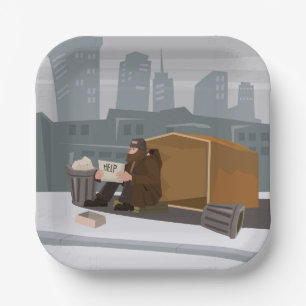 Assiettes En Carton Homme sans abri tenant un panneau d'aide Pauvreté