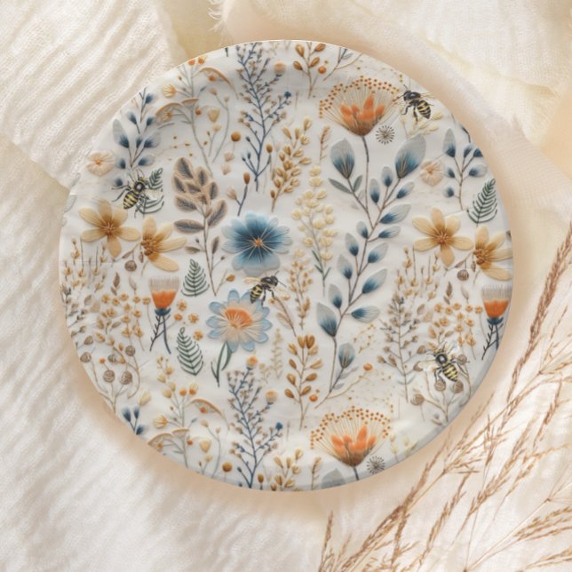 Assiettes En Carton Honey Bee baby shower vintage à fleurs bleu (Créateur téléchargé)