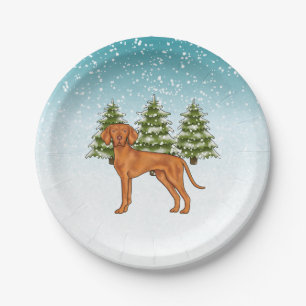 Assiettes En Carton Hongrois Vizsla Chien Snowy Winter Forest Festin