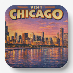 Assiettes En Carton horizon de Chicago et lac Michigan au crépuscule