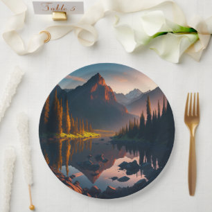 Assiettes En Carton Horizon Forêt Montagne avec lever du soleil