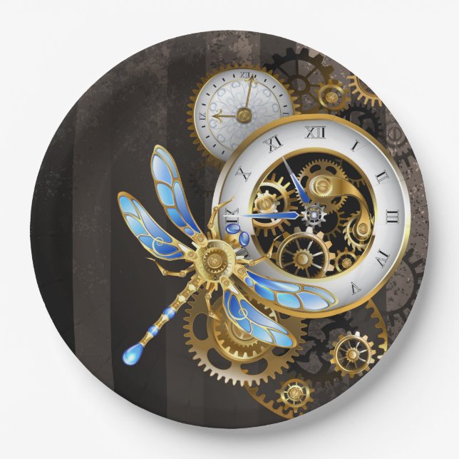 Assiettes En Carton Horloge à vapeur avec libellule mécanique (Devant)