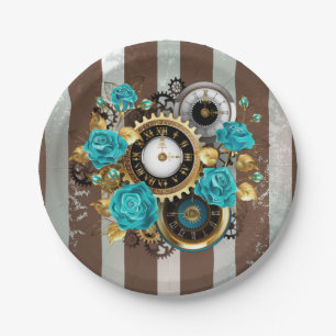 Assiettes En Carton Horloge à vapeur et Roses turquoise sur le sol