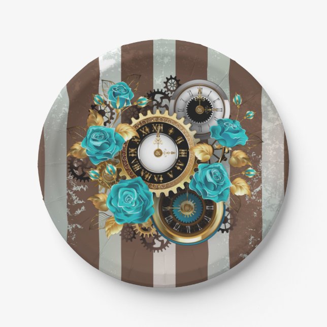 Assiettes En Carton Horloge à vapeur et Roses turquoise sur le sol (Devant)