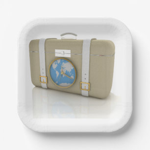 Assiettes En Carton Horloge de valise de voyage vintage carte du monde