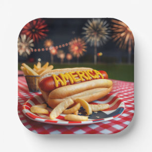 Assiettes En Carton Hot Dog with America Text et Fireworks