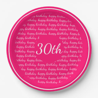Assiettes En Carton Hot rose blanc 30e Joyeuse Typographie d'anniversa