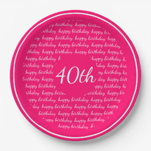 Assiettes En Carton Hot rose blanc 40e Joyeuse Typographie d'anniversa