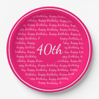 Assiettes En Carton Hot rose blanc 40e Joyeuse Typographie d'anniversa