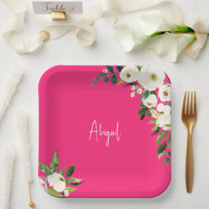 Assiettes En Carton Hot rose blanc floral Nom du script Anniversaire
