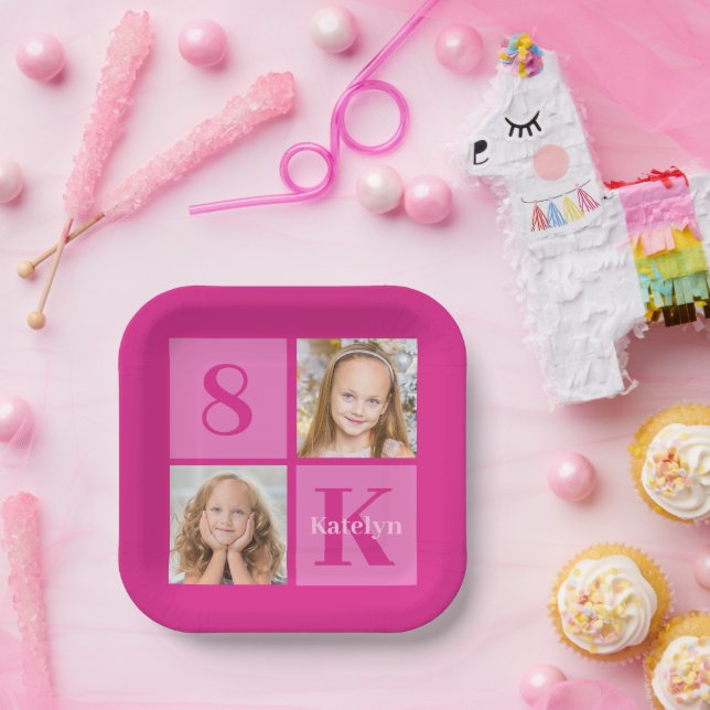 Assiettes En Carton Hot Rose Girl Photo Collage personnalisé Anniversa (Fête)