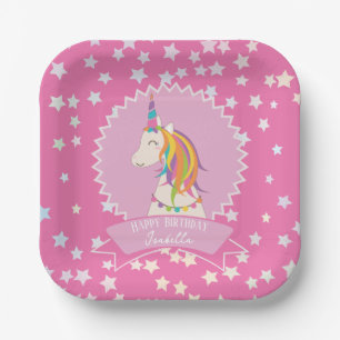 Assiettes En Carton Hot rose Magique Arc-en-ciel Unicorn fille Anniver