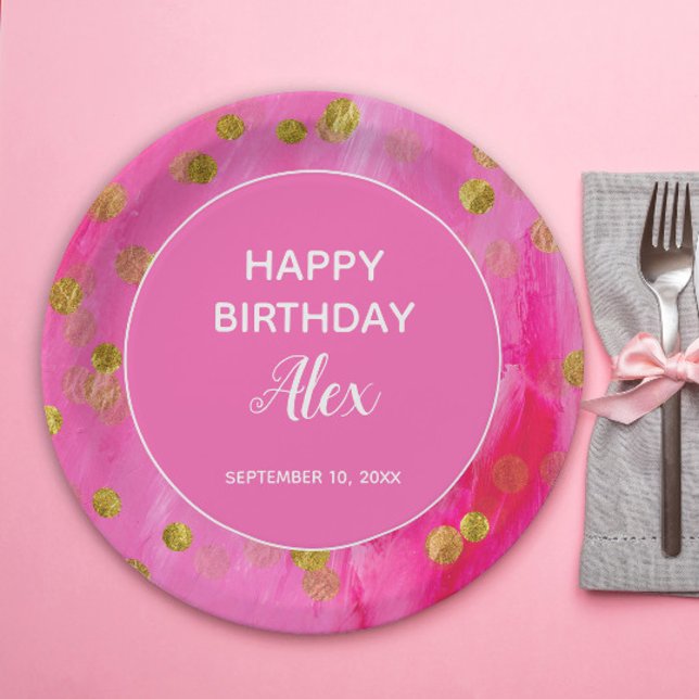 Assiettes En Carton Hot rose Parties scintillant Surprise fête d'anniv (Hot pink with gold glitter birthday party paper plates)