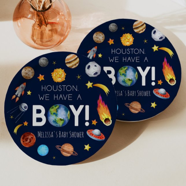 Assiettes En Carton Houston Nous Avons Un Baby shower Boy Space Galaxy (Créateur téléchargé)
