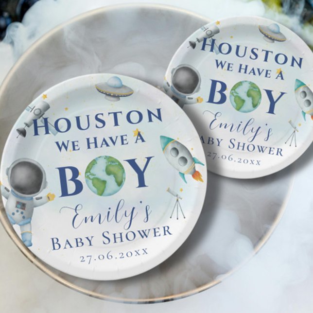 Assiettes En Carton Houston Nous Avons Un Garçon Astronaute Du baby sh (Créateur téléchargé)