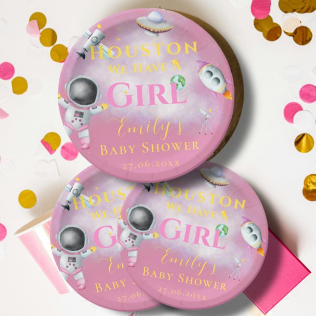 Assiettes En Carton Houston Nous Avons Une Fille baby shower Astronaut (Créateur téléchargé)